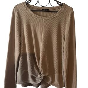 Very J Knot-Front Taupe Waffle Knit Long Sleeve Top large
